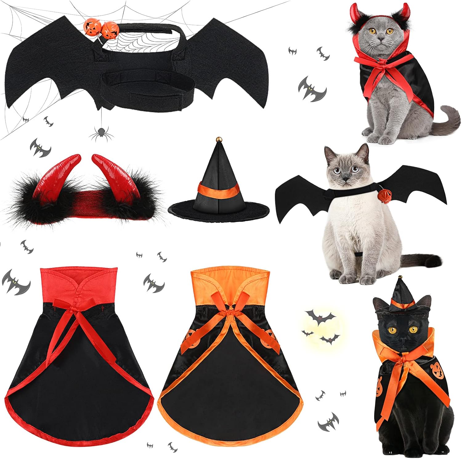 Potchen 5 Pcs Halloween Vampire Costume for Cat, Devil Witch Hat for Cat, Pet Cat Bat Wings, Cat Pumpkin Witch Pet Cape Vampire Costume…