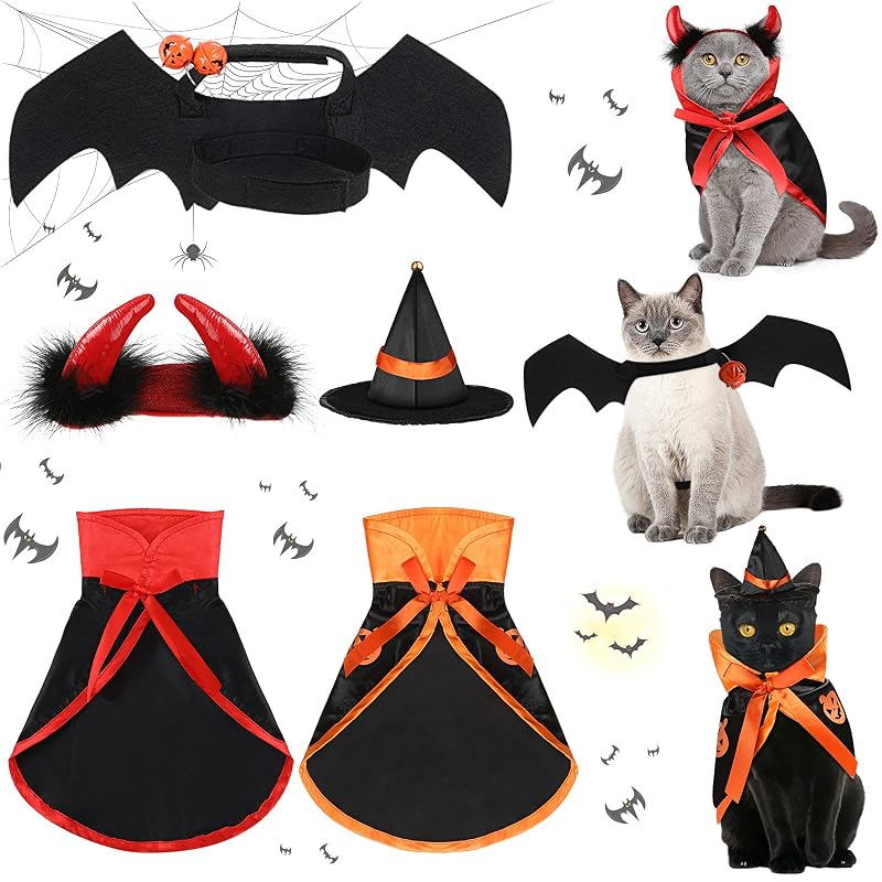 Fantasia de Halloween para Gatos e Cães Pequenos Potchen com Capas, Asas de Morcego e Chapéus, 5 Peças
