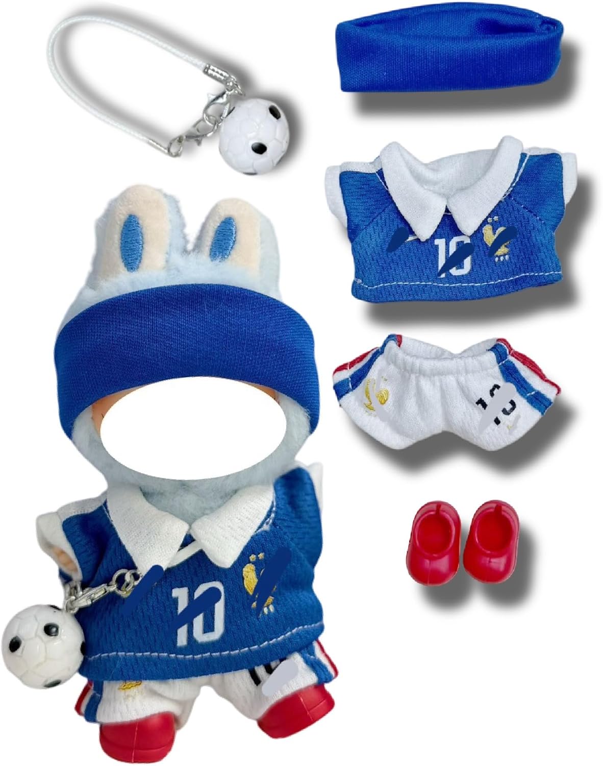 Soccer Jersey Doll Clothes for 10-12cm Plush Dolls,5 pcs Set Mini Football Uniform Outfit for 4 Inch Stuffed Animal,Soccer Star Inspired Sports Costume,Collectible Doll Accessories(France Blue)