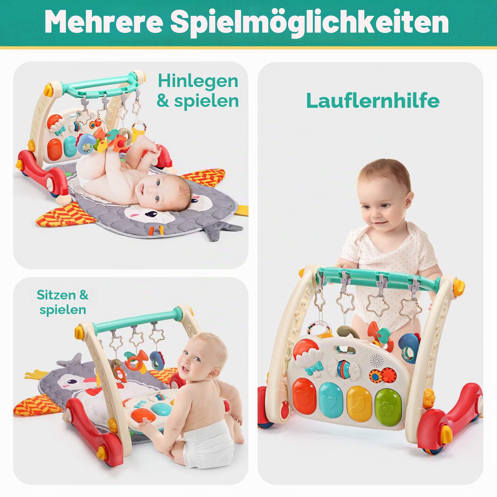 CUTE STONE Spiel-Fitnessstudio für Babys, Klavier, Trittbrett, Lernmatte für Babys, Musikaktivitäten mit Lichtern, Spielmatte für Babys von 0-24 Monaten