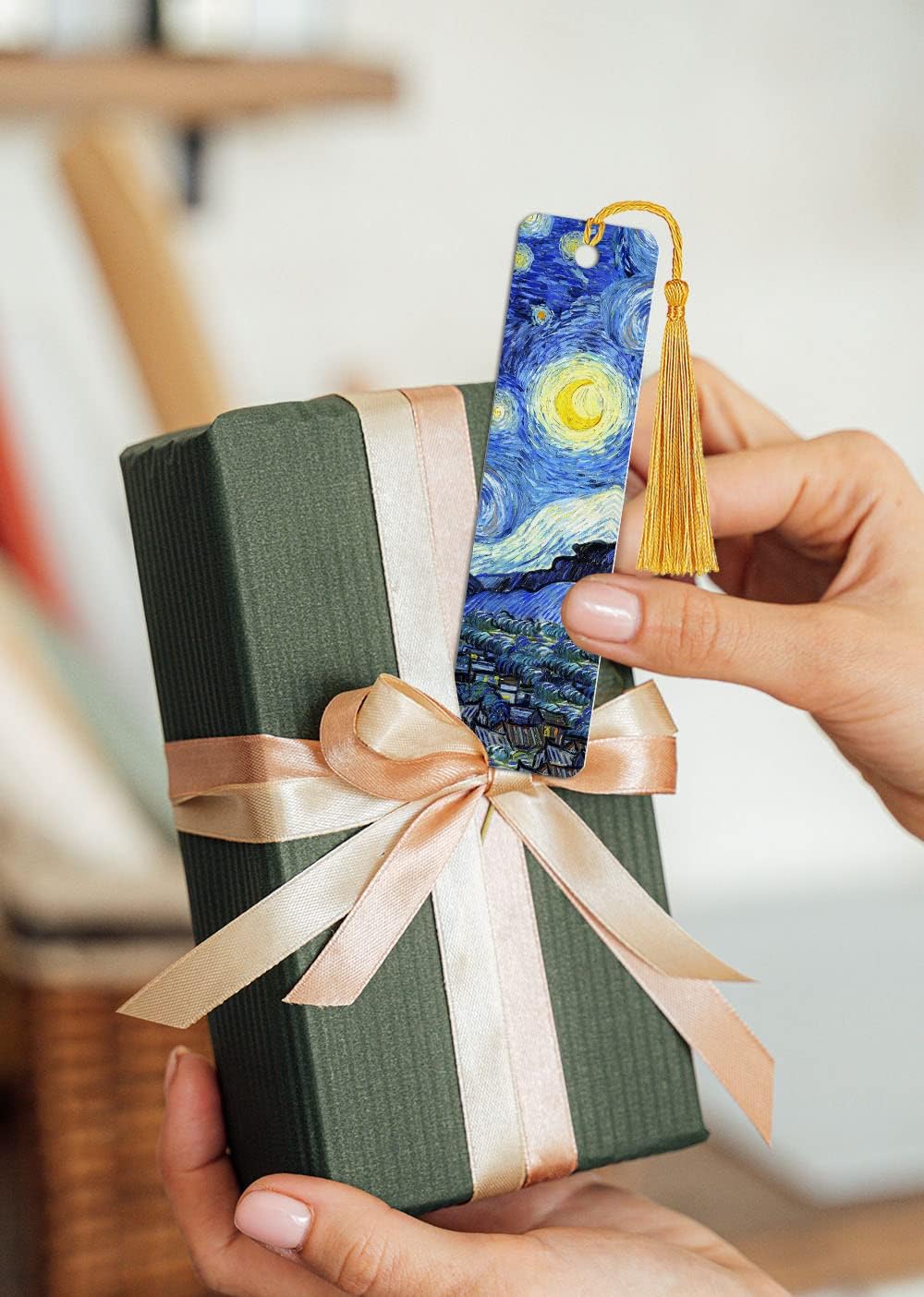 WIRESTER Set of 2 Metal Bookmarks with Light Gold Tassel for Students, Reader, Teachers, Book Lovers - The Starry Night Van Gogh, Cafe Terrace At Night Van Gogh image 4
