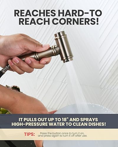 Miniatura 7 de WOWOW Grifo de cocina negro con rociador lateral, grifos de cocina de latón de 4 agujeros para fregadero, 2 manijas de 8 pulgadas, grifo de puente