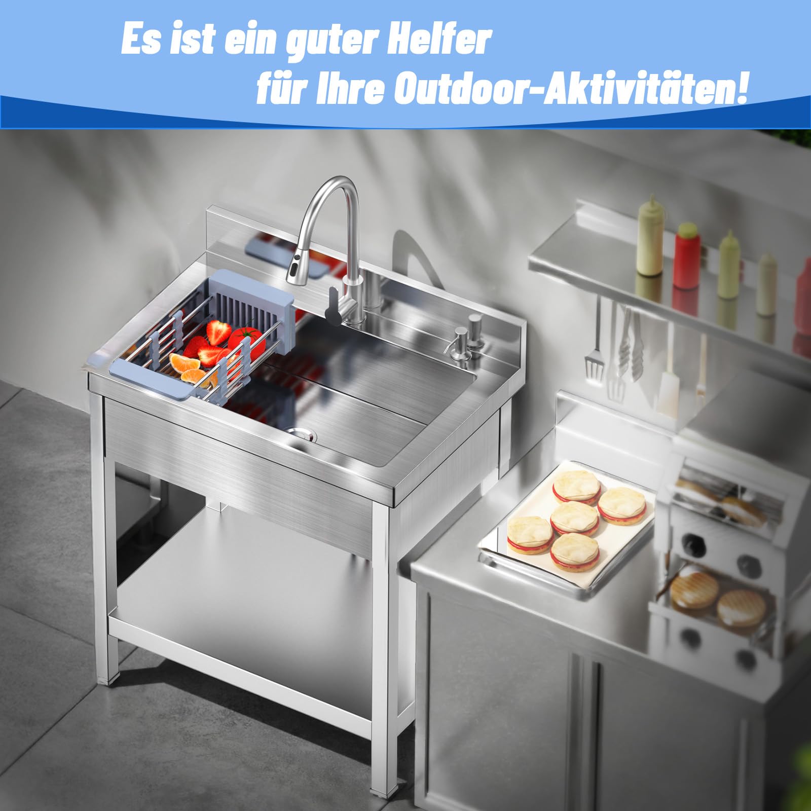 RiveraSink Spültisch Edelstahl Freistehend 70×50×80 cm, 1 Becken mit ausziehbarem Wasserhahn & Spritzschutz – Gastro Spüle mit Ablaufset und Ablagekorb für Küche, Garten & Außenbereich