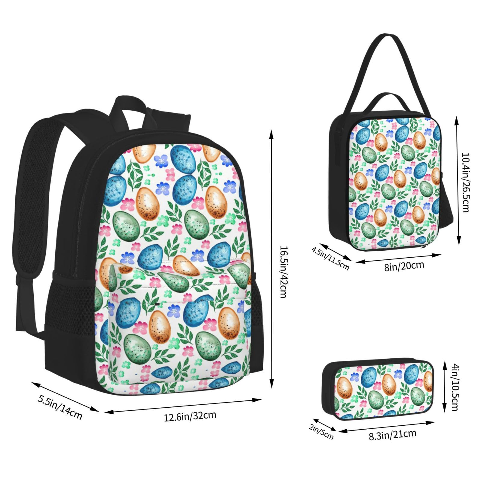 Juego de 3 mochilas escolares con estampado de huevos de Pascua, mochila para laptop resistente al agua de gran capacidad con bolsa de almuerzo aislada y estuche para lápices para adolescentes