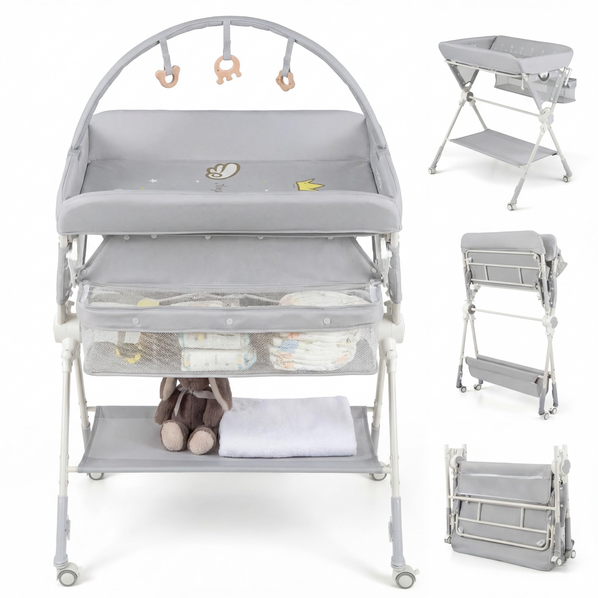 LIFEZEAL Table à Langer Pliante Réglable en Hauteur avec Rangements | Commode à Langer Portable pour Nouveau-nés et Nourrissons 0-12 Mois avec Roulettes Freinées, Arche de Jeux et Charge 25 KG
