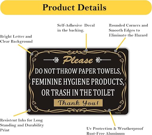 Miniatura 3 de Paquete de 2 toallas de papel, productos de higiene femenina o basura en el inodoro, 10 x 7 pulgadas, adhesivo autoadhesivo fuerte, letrero de