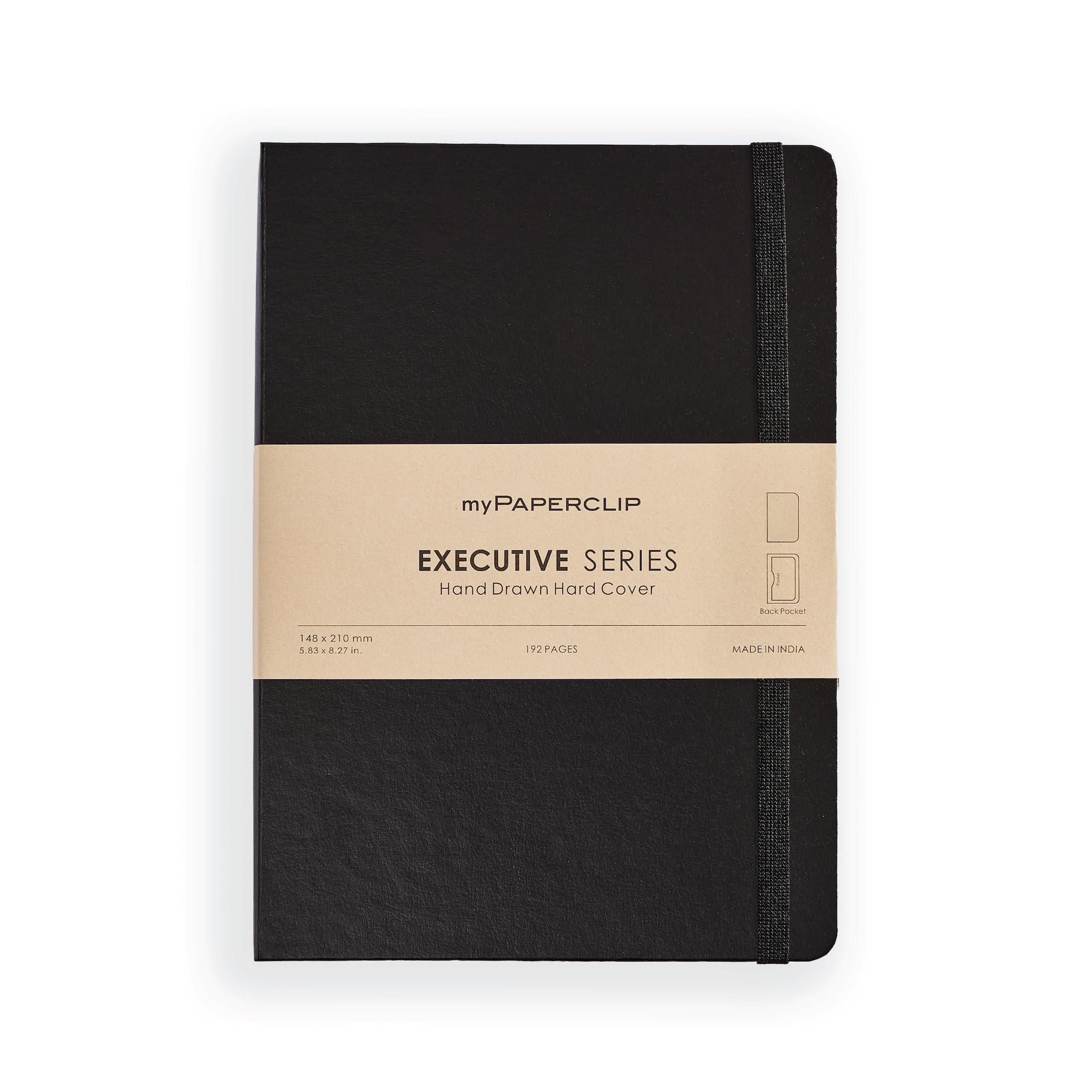myPAPERCLIP Executive Series A5 Unruled Notebook | 192 Pages, 80 GSM, Hard Cover, A5 (5 .83 x 8.27 in) | Flat Lay | Bookmark, Elastic Closure & Back Pocket | Black