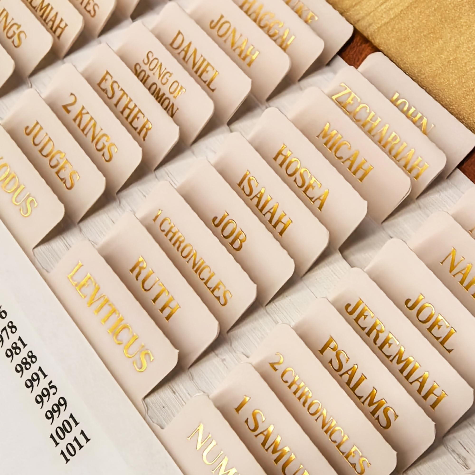 Laminated Bible Tabs, Gold Foil Embossed Lettering Bible Chapter Index Tabs for Women Men, Reposition Large Print Sticky Labels, Easy to Read and Apply, 105Chapters Labels for Easy Navigation (Creamy) โ image 1