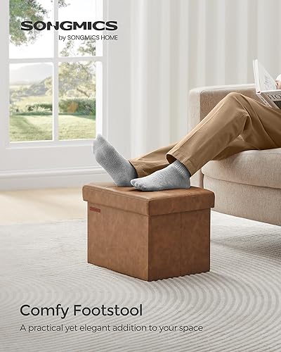 Miniatura 3 de SONGMICS Otomana de almacenamiento plegable pequeña, taburete reposapiés, reposapiés en cubo, cuero sintético, 12.2 x 16.1 x 12.2 pulgadas,