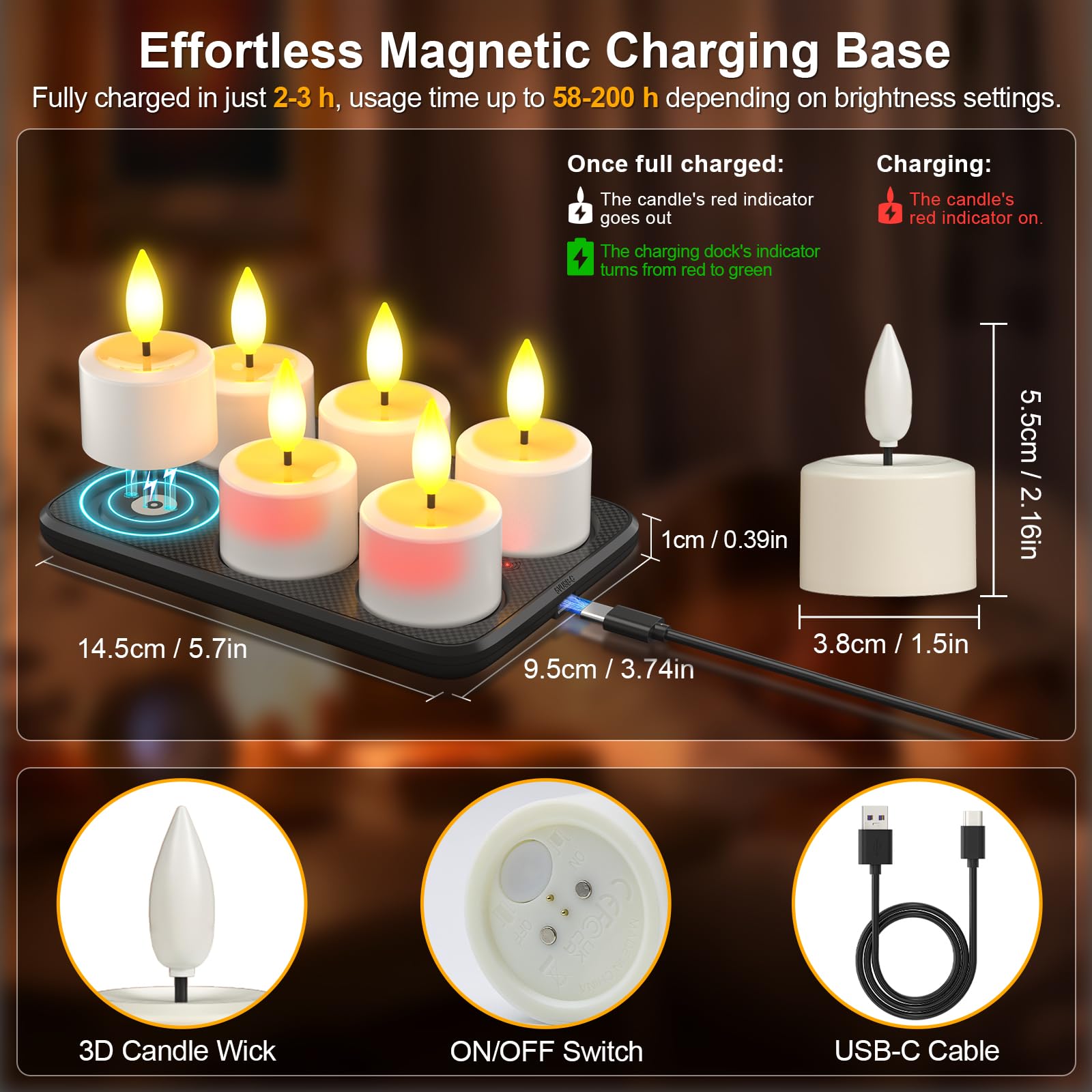 PChero Candele da tè ricaricabili con stazione magnetica, confezione da 6 candele elettriche senza fiamma a LED tremolanti con timer remoto per esterni, impermeabili, per casa, camera, bagno, giardino