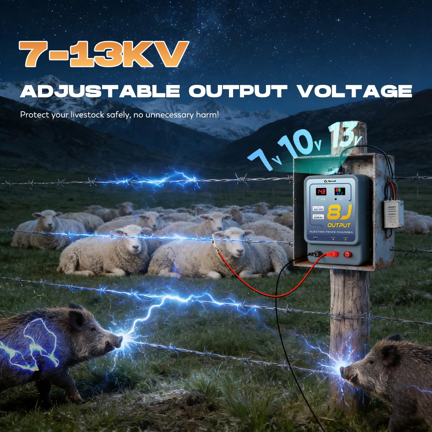 CGOLDENWALL 8J Elettrificatore per Recinzioni da Pascolo, AC/DC Alimentazione, 2 in 1 7-13KV regolabile, Allarme, IP45 Impermeabile, 40KM Portata per Cavalli, Pollame, Ranch, Giardino (8J)