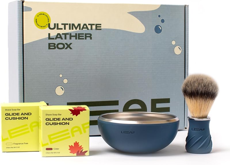 Leaf Shave Lather Box com tigela Glacier, pincel e sabonetes de barbear, conjunto com 5 itens