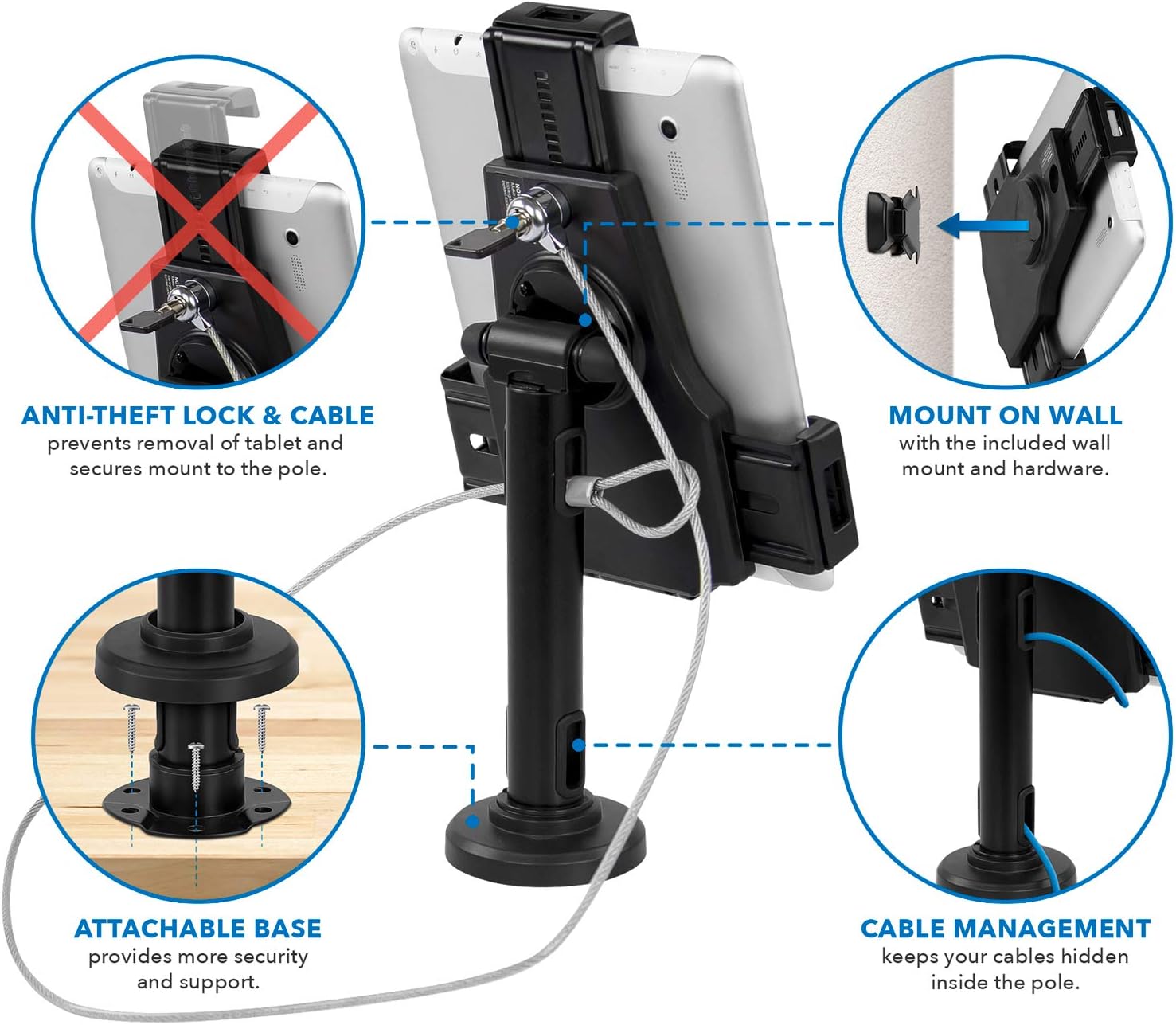 Mount-It! Universal Tablet POS Kiosk Stand with Cable Lock & Wall Mount Bracket, Adjustable Clamp for 7.9"–11" Tablets (Fits 5.3"–7.8" W x 7.8"–10.6" L), Compatible with iPad, Galaxy Tab & Surface Go