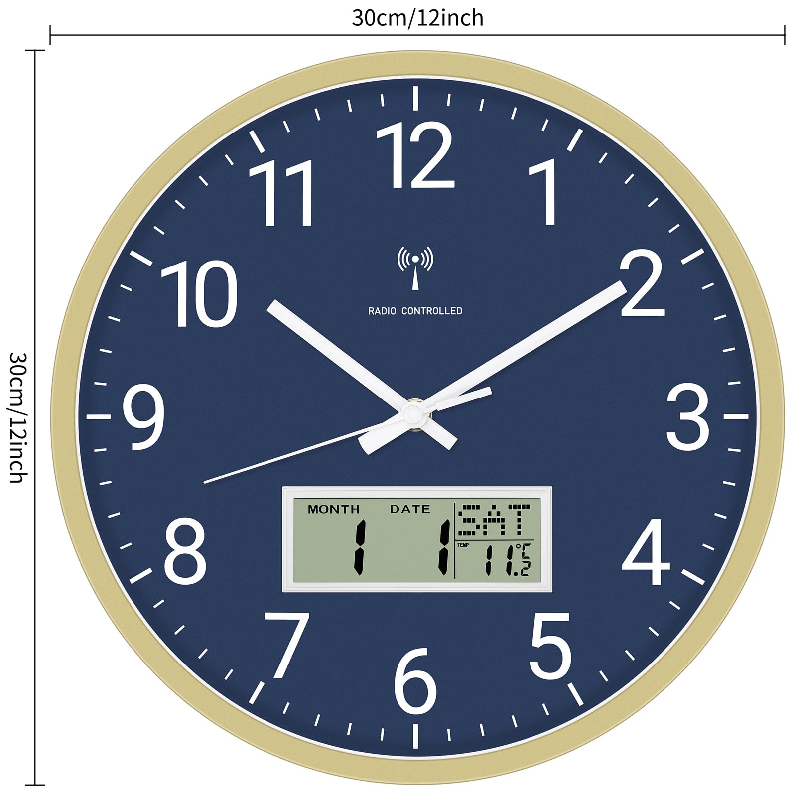 Foxtop Draadloze wandklok, digitaal en analoog, 30 cm, met lcd-display, digitale radioklok, wandklok met temperatuur, datum, dag van de week, geruisloze keukenklok voor woonkamer, keuken, badkamer