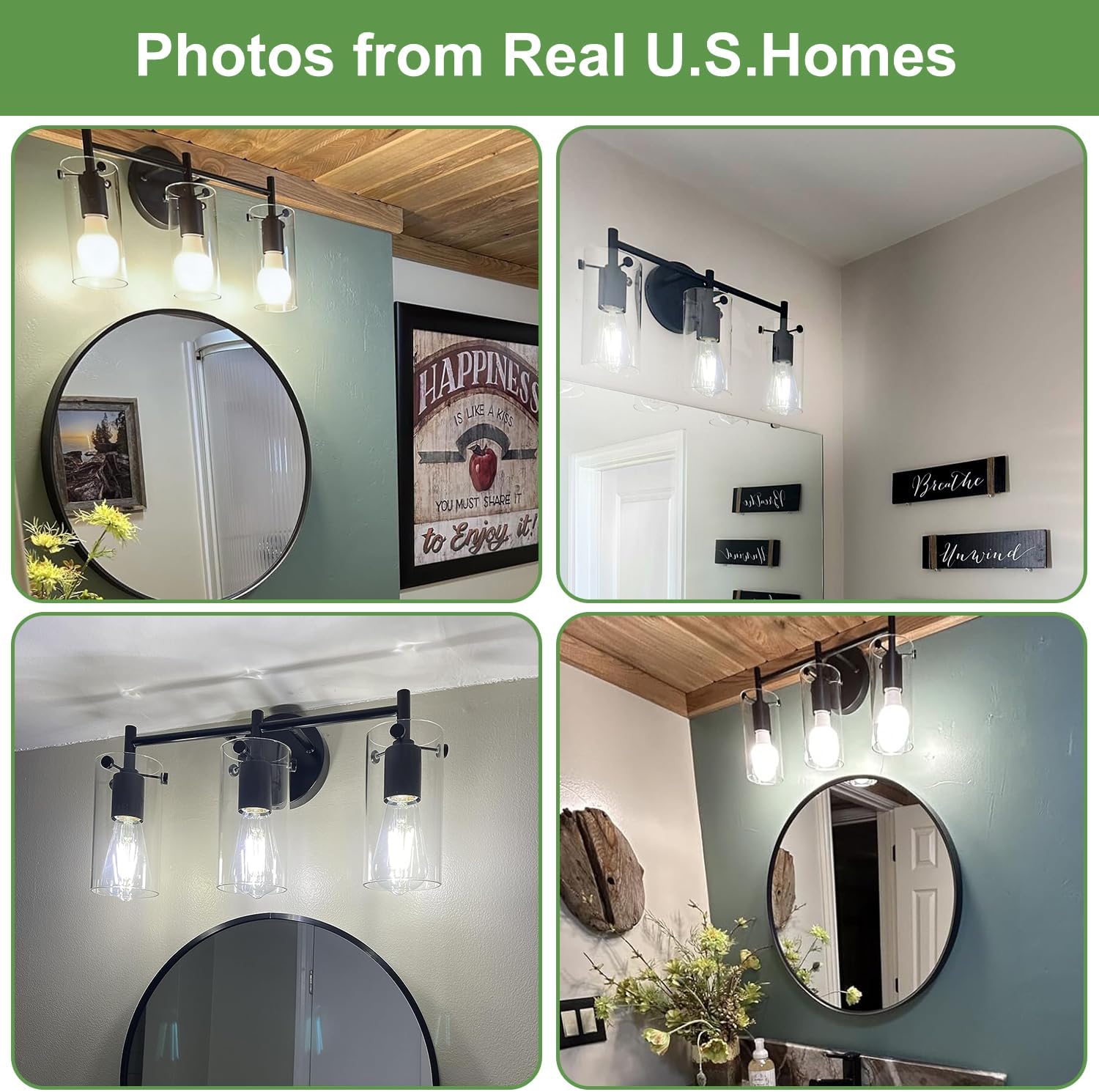 Bathroom Light Fixtures Upgrade, 3-Light Matte Black Vanity Light, Black Bathroom Lights Over Mirror with Clear Glass Shade, Wall Sconces for Mirror Bedroom Living Room Hallway
