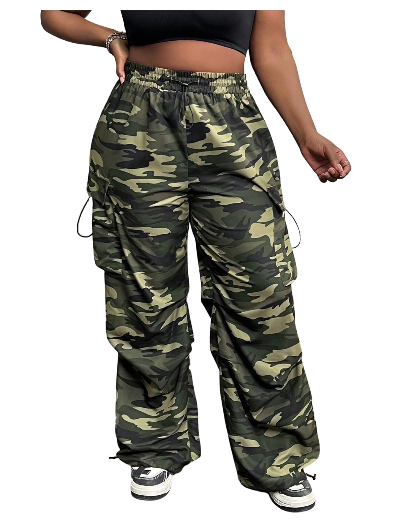 OYOANGLE Womens Plus Size Camo Cargo Pants Y2K Elastic Drawstring Waist Camouflage Wide Leg Trousers