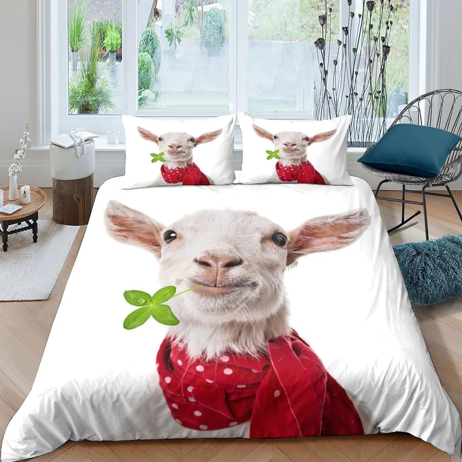 GPLZQXKJNH 3D Printed Sheep Red Scarf Duvet Cover Set Microfiber Soft Breathable Animal Quilt Cover with 2 Pillowcases for Bedroom Home Decor Single（135x200cm）