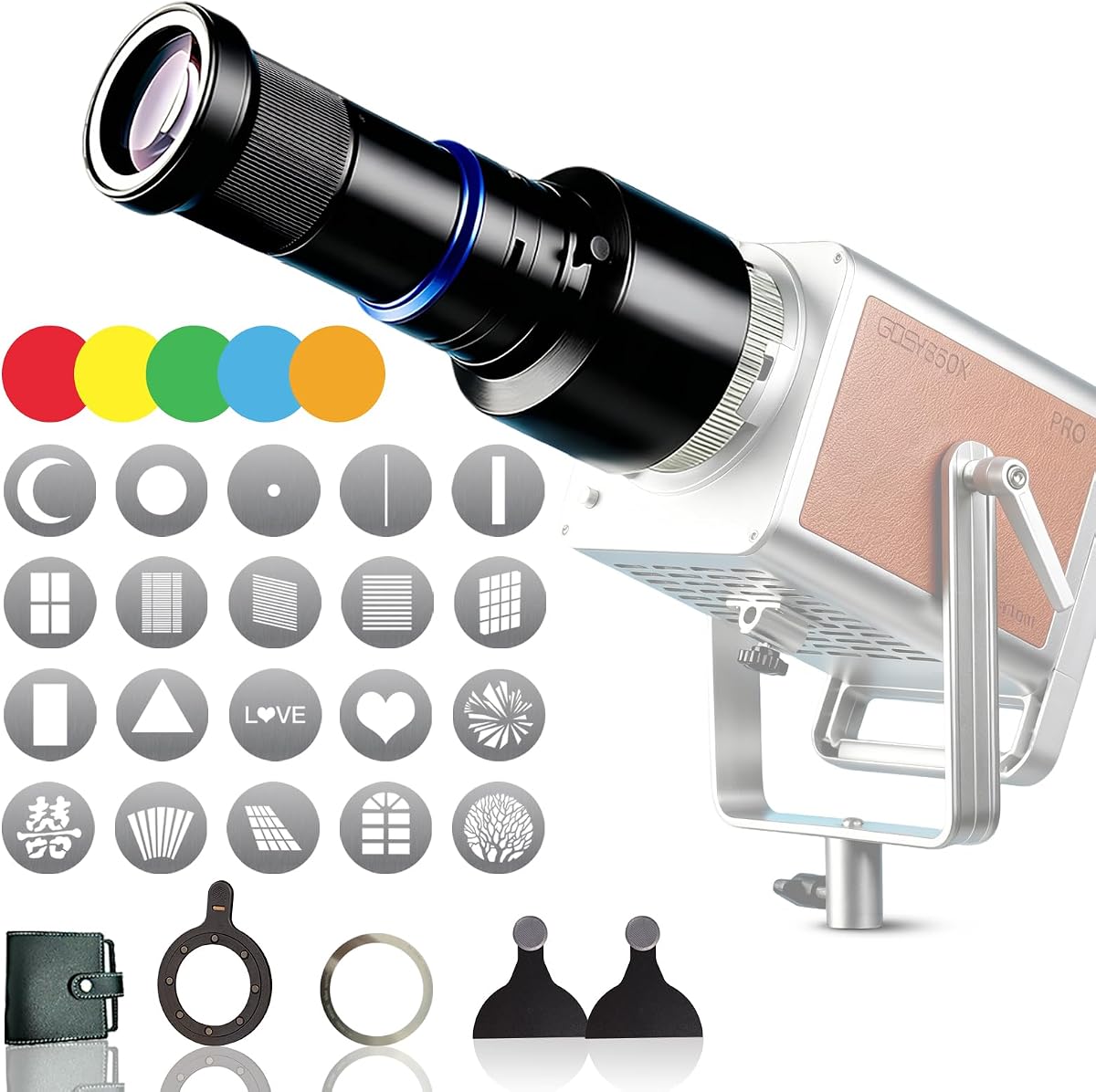 Extended Bowens Mount Snoot Spotlight Kit for Photography, Pro Version 33° Optical GOBO Projector Lens with 20 Metal Gobos, 2 Shutter Blades and 5 Color Gels for LED Lights