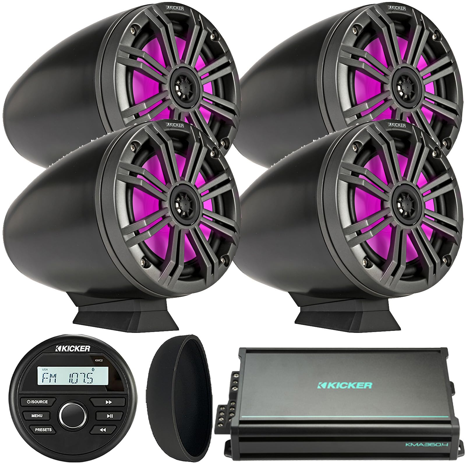 KICKER 46KMC2 Marine Bluetooth All-Weather AM/FM USB/AUX Gauge Style Media Center Receiver W/Black Cover, 4X 6.5 195W Max Power RGB LED Black Tower Boat Speakers, 4-Channel 90 Watts x 4 Amplifier