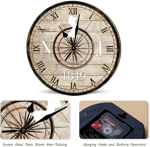 Miniatura 3 de Reloj rústico americano de los Estados de Nueva Jersey establecido en 1849 con mapa de brújula, reloj de pared de madera vintage, estilo retro de