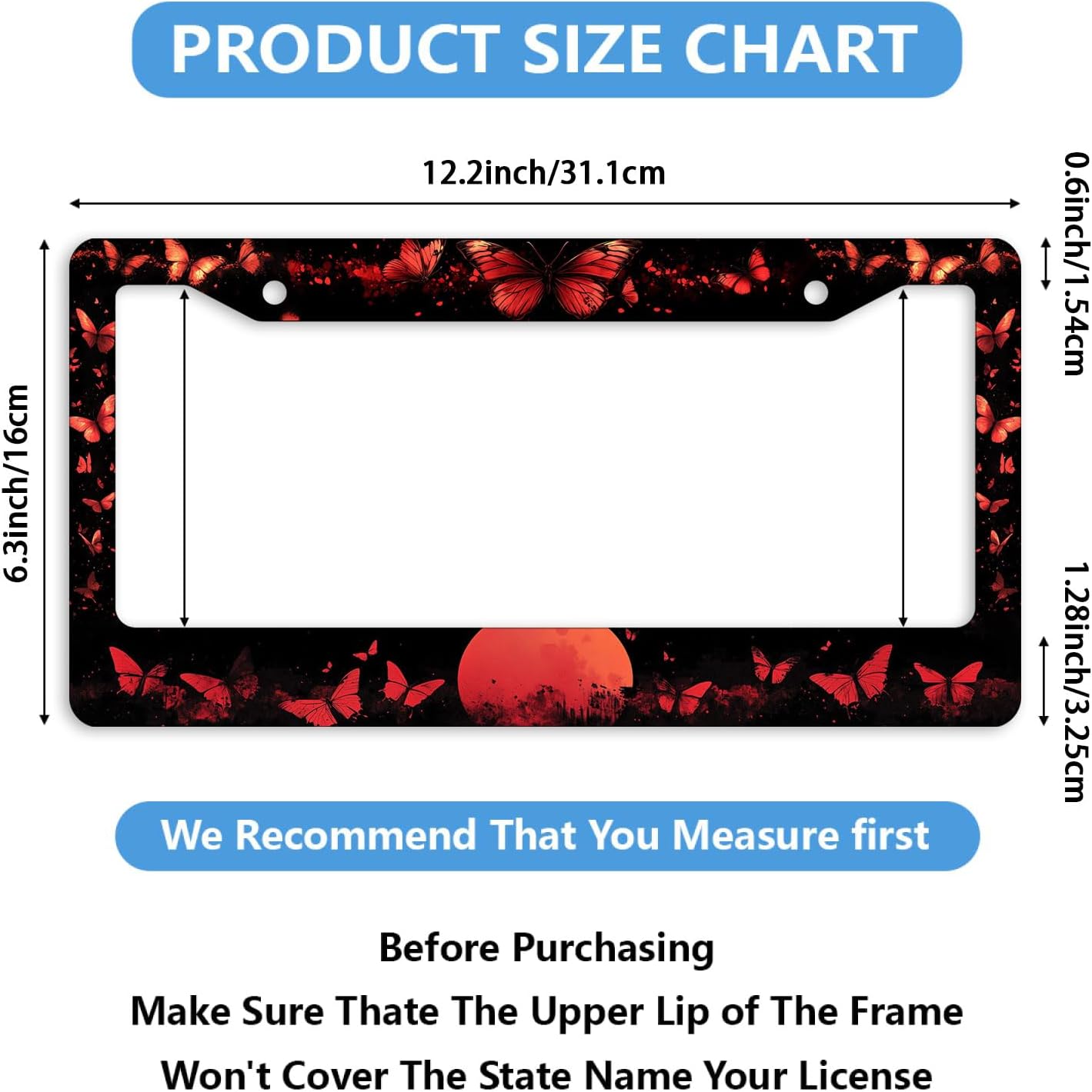 2PCS Red Butterfly License Plate Frame Dark Fantasy Sky Moon Gothic Horror License Plate Frames Personalise Stainless Steel Metal Car Plates Funny License Plate Frames Decorative 12.3" x 6.3" image 2
