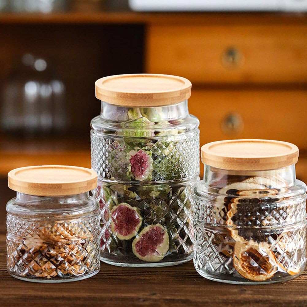 Confezione da 3 barattoli grandi in vetro, contenitori per alimenti e cereali, con coperchio ermetico in bambù, barattoli da cucina vintage per caramelle, snack, caffè, tè, cereali, 1,7 g,