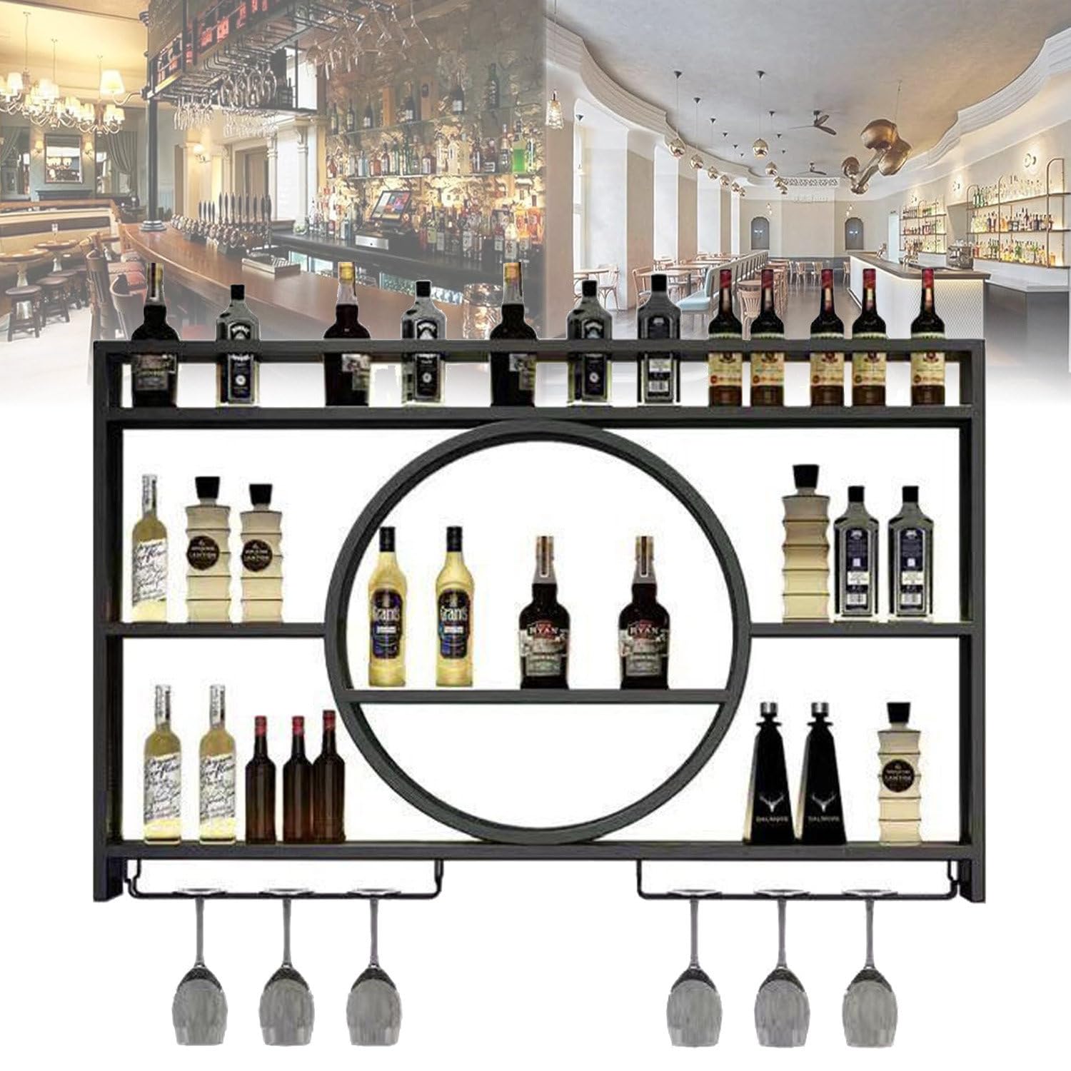 Étagère d'affichage de bouteilles pour salon moderne avec casier à vin mural LED 140cm noir