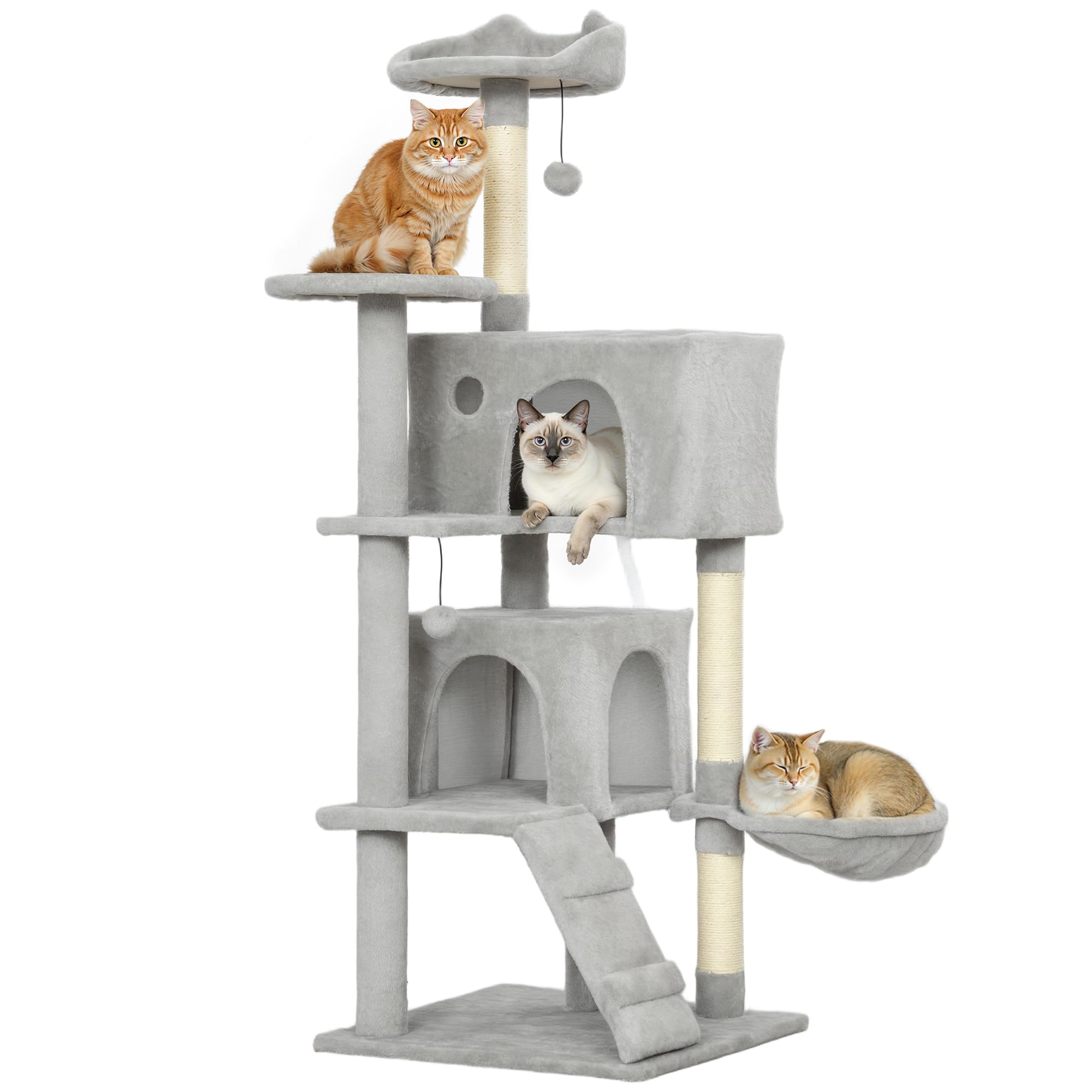 PawHut Tiragraffi per Gatti Alto 140 cm con 3 Pali Graffiatoi Grigio Chiaro | Albero per Gatti Multilivello, 2 Grotte, Cuccia, Amaca, 2 Pompon, Piattaforma, Scala, Torre per Gattini, Peluche