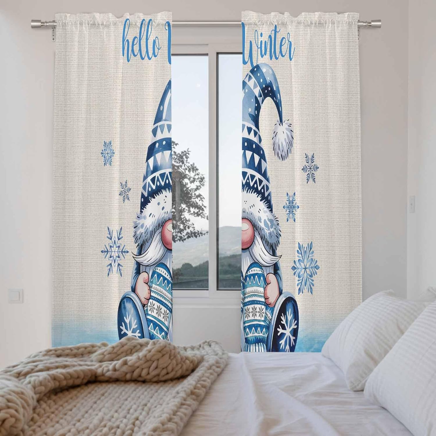 Blue Gnomes Christmas Window Curtains 72 Inch Long 2 Panel Set, Rod Pocket Long Curtains & Drapes, Xmas Snowflake Hello Winter Light Filtering Window Treatment for Bedroom Living Room 52"W x 72"L