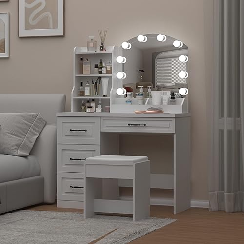 Miniatura 8 de Vabches Makeup Vanity Desk with Mirror and Lights & Power Outl,White Dressing Table 3 Lighting Colors, 4 Drawers, Makeup Vanity Set for Bedroom