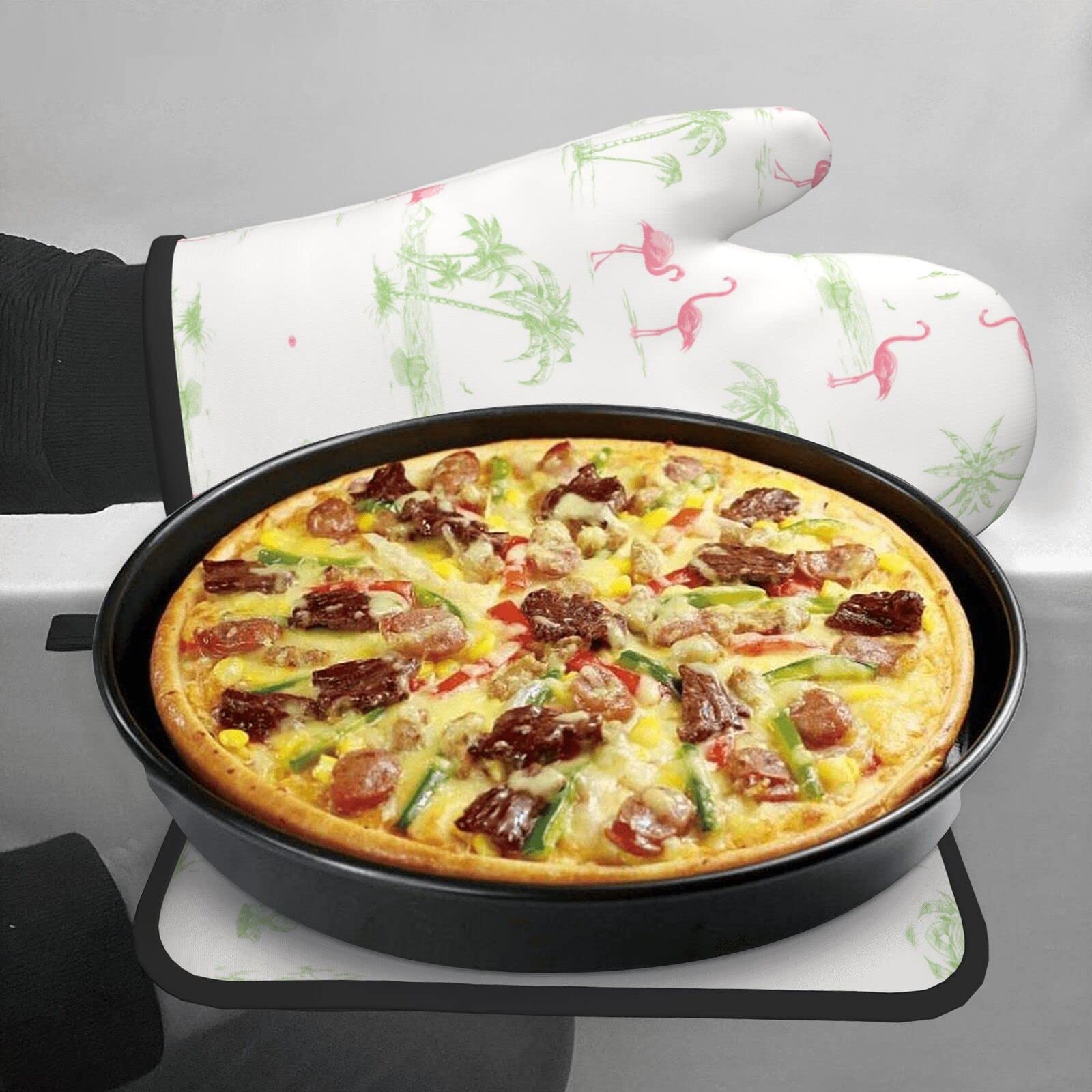 Ofenhandschuhe & Topflappen Set Mit Flamingo-Muster – 2-teilig, Aus Polyester/Baumwolle, Wasserdicht & Isolierend, Für Grill, Backofen & Mikrowelle
