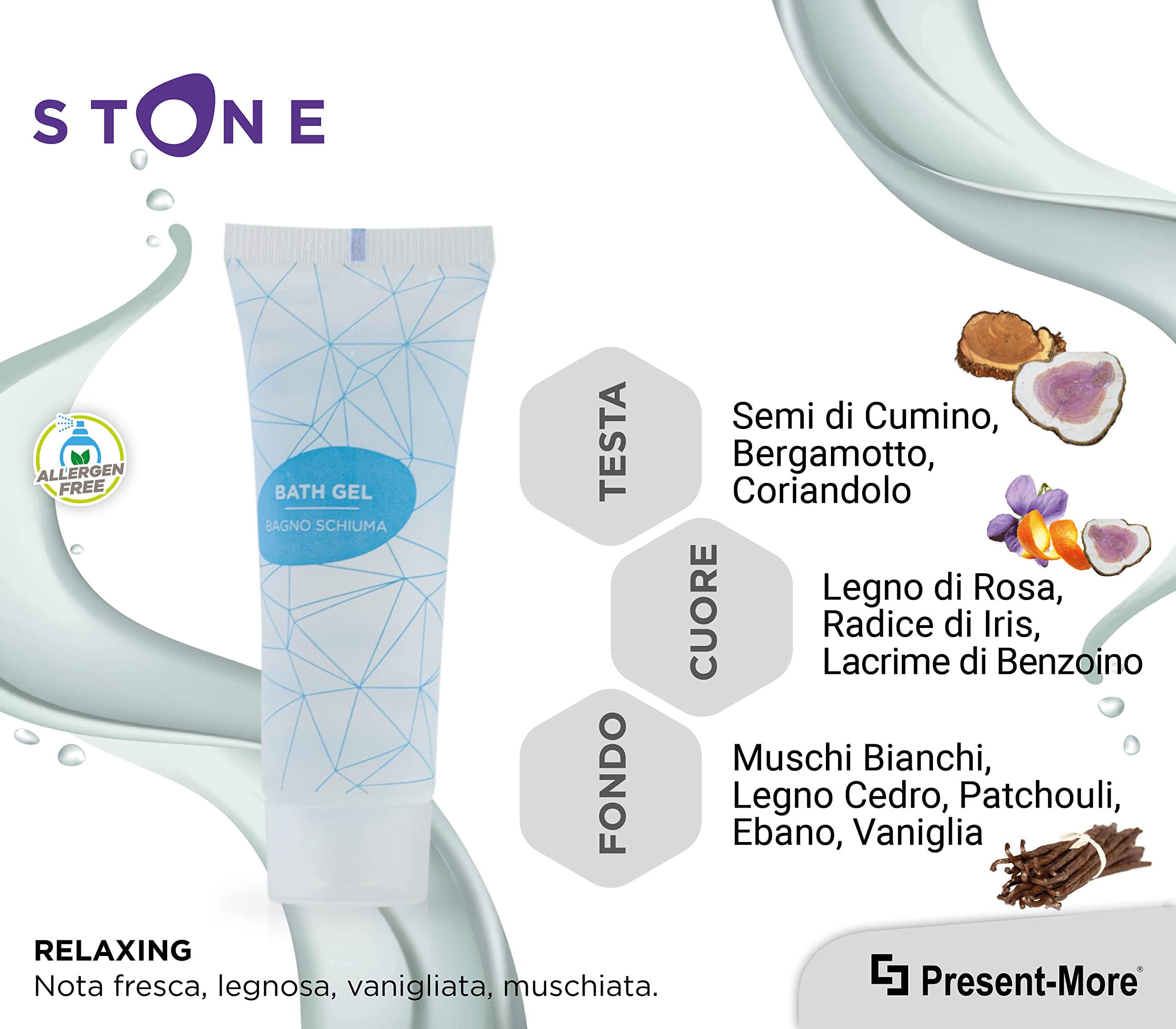Bagnoschiuma Monodose Stone 30ml 250 Pezzi Senza Allergeni Fragranza Relaxing per Hotel B&B