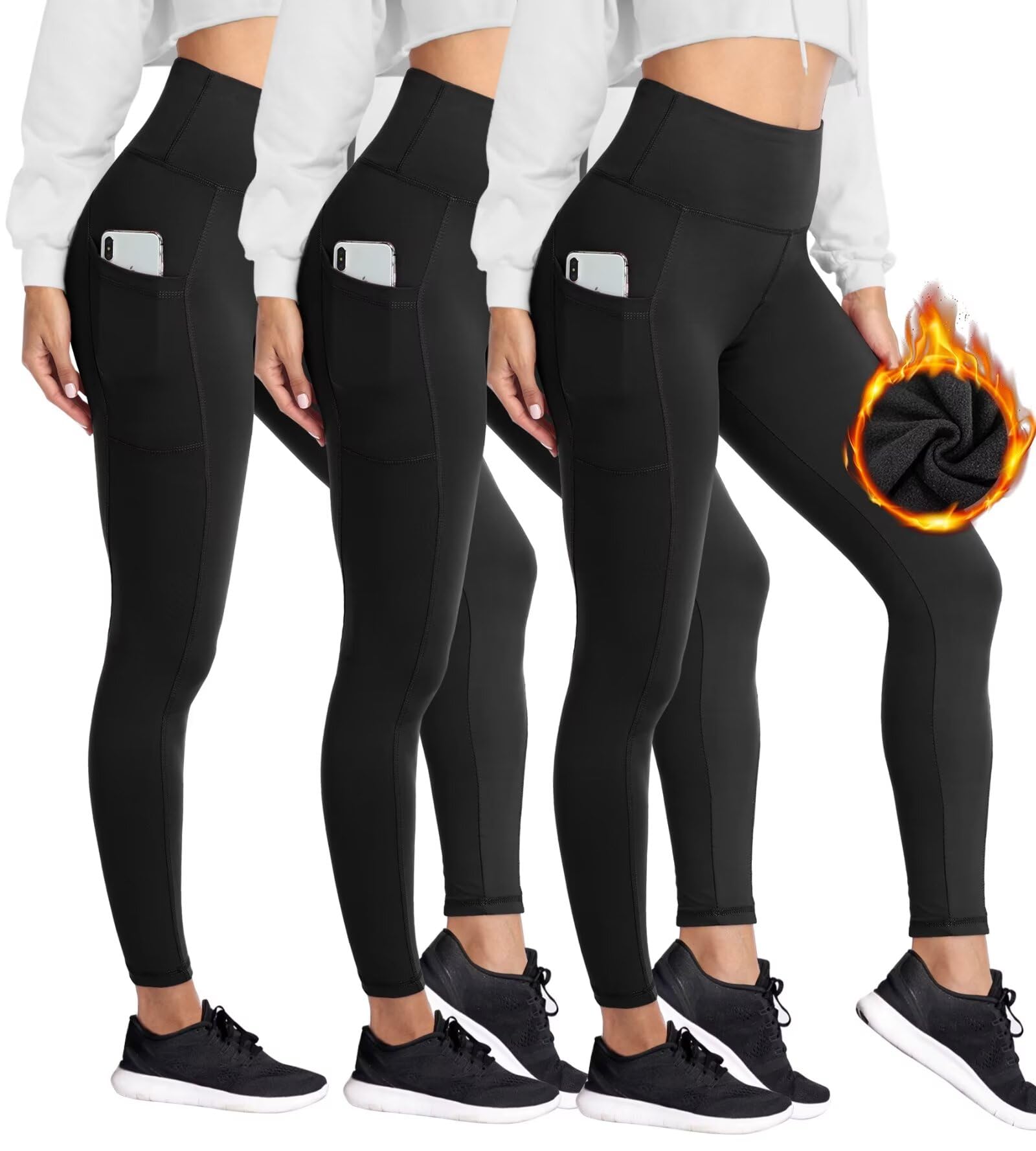 3 Pack Fleece Lined Leggings for Women with Pockets - Tummy Control Thermal Warm Yoga Pants Plus Size S/M-4XL