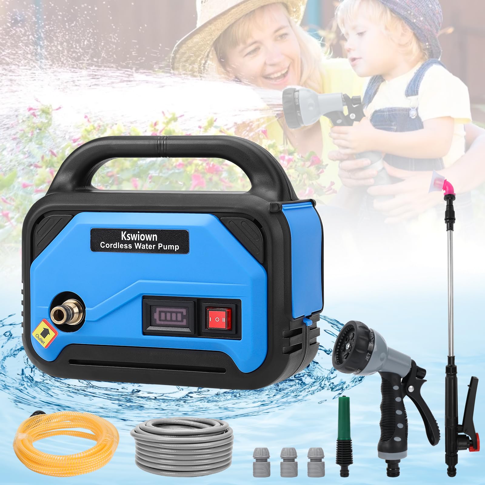 Wasserpumpen für Makita 18V Akku, Elektrische kabellose Gartenpumpe Tragbare Selbstansaugende Pumpe, 220W Bewässerungspumpe mit 10M Wasserauslassrohr, 5M Wassereinlassrohr und Duschkopf(Ohne Akku)