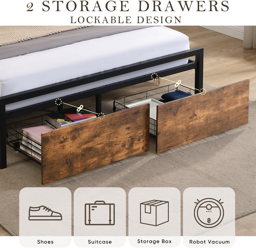 Bed Frame with Ergonomic Headboard and 2 Drawers, Fast Assembly Metal Bed with LED Lights, Outlets & USB, Bed Frame Full Size with Storage, Noise Free, No Box Spring Needed(Queen)