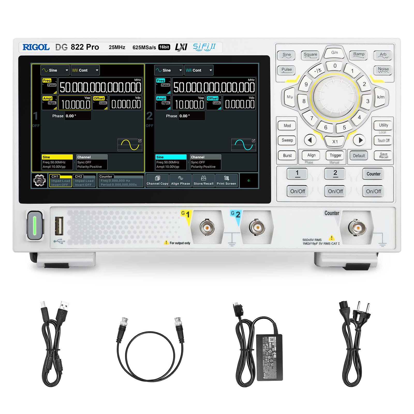 RIGOL Generatore di Segnale,DG822 Pro Generatore di Funzioni,25 MHz,2 Canale,Risoluzione a 16 bit,Schermo touchscreen HD da 7",Ultra-portatile,Perfetto per test sul campo e didattica in laboratorio