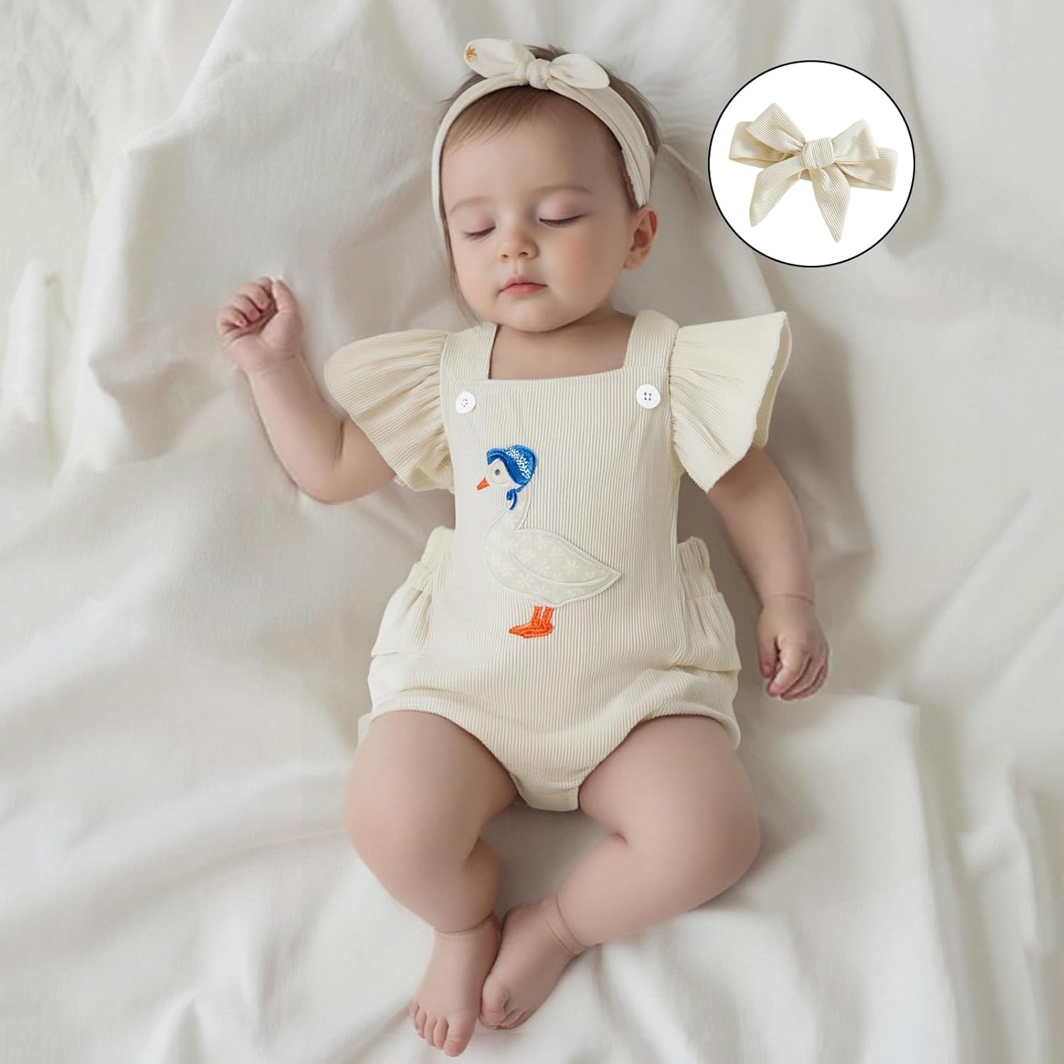 Baby Girl Goose Romper Outfit Corduroy Overalls Ruffle Bodysuit Headband Farm Fall Silly Goose Birthday Clothes - Image 3