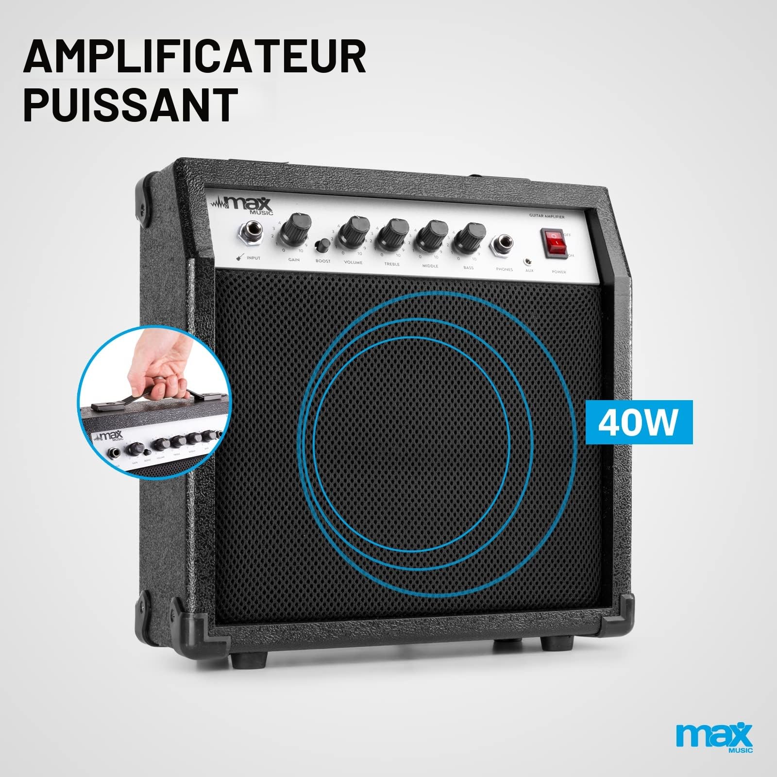 Max Showkit - Guitare Électro-Acoustique Adulte - Bois Clair, Cordes en Acier, Amplificateur Intégré 40W, Livré avec un Sac de Transport et une Sangle, pour Musiciens Débutants