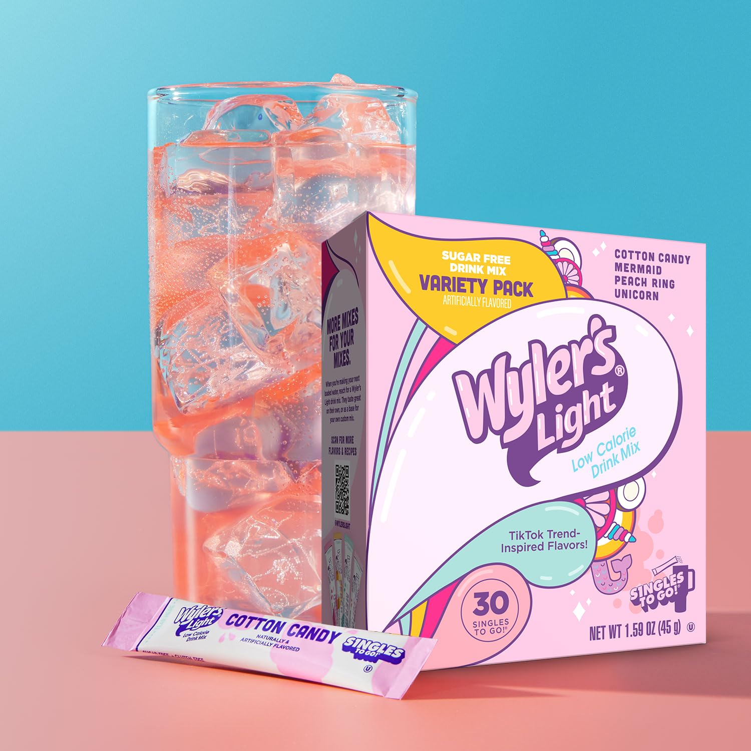 Wyler’s Light Singles To Go Water Drink Mix, 30 Sticks, V1 Fun Flavors Pack (Cotton Candy, Mermaid, Peach Ring, Unicorn), Sugar Free, Low Calorie