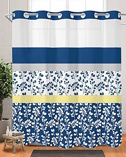 No Hook Shower Curtain Set with Snap in Liner, Country Leaves Dark Blue Waterproof Bathroom Curtain with See Through Top Window, Stitching Stripes Double Shower Curtains for Bathtub