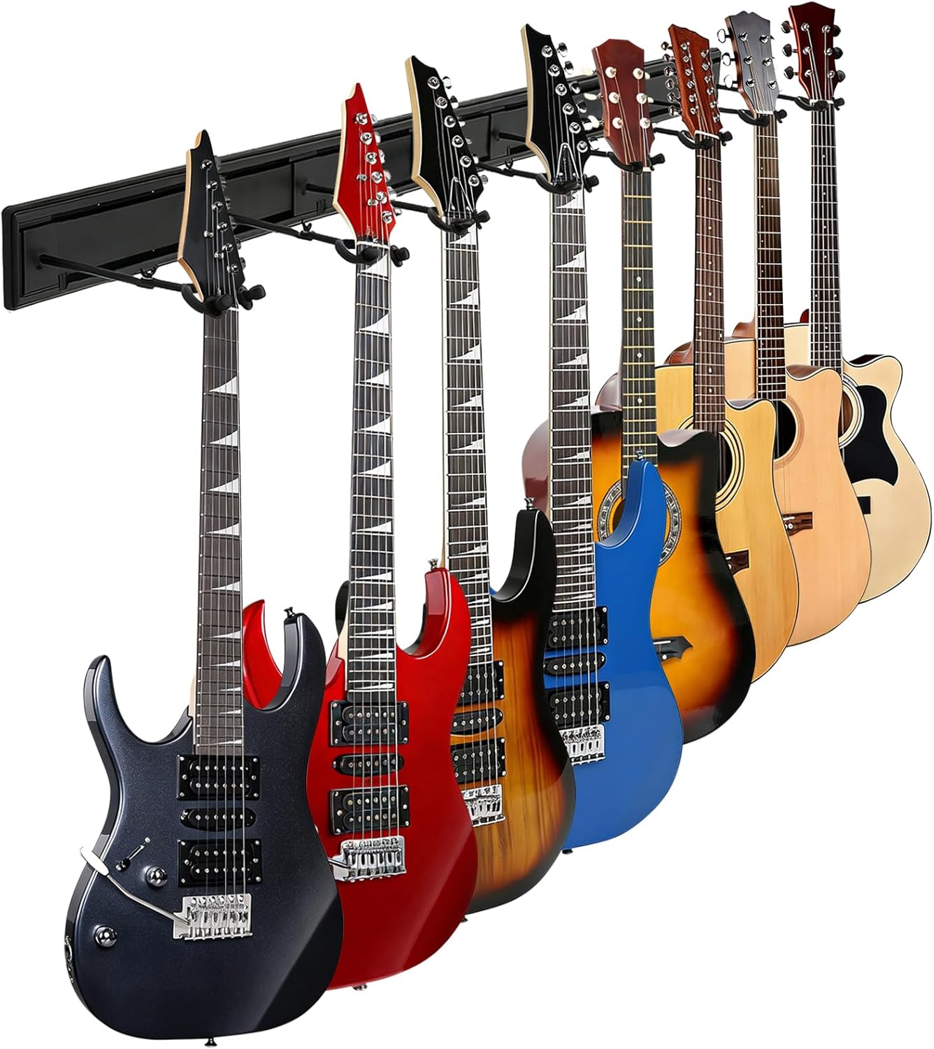 Guitar Wall Mount Hangers, Holds Multi Guitars, Aluminum Metal Guitar Stand Bass Holder, Wood Grain Base Plate Rack, Adjustable Instruments Display Set for Ukulele Banjo (Black 8 Hangers)