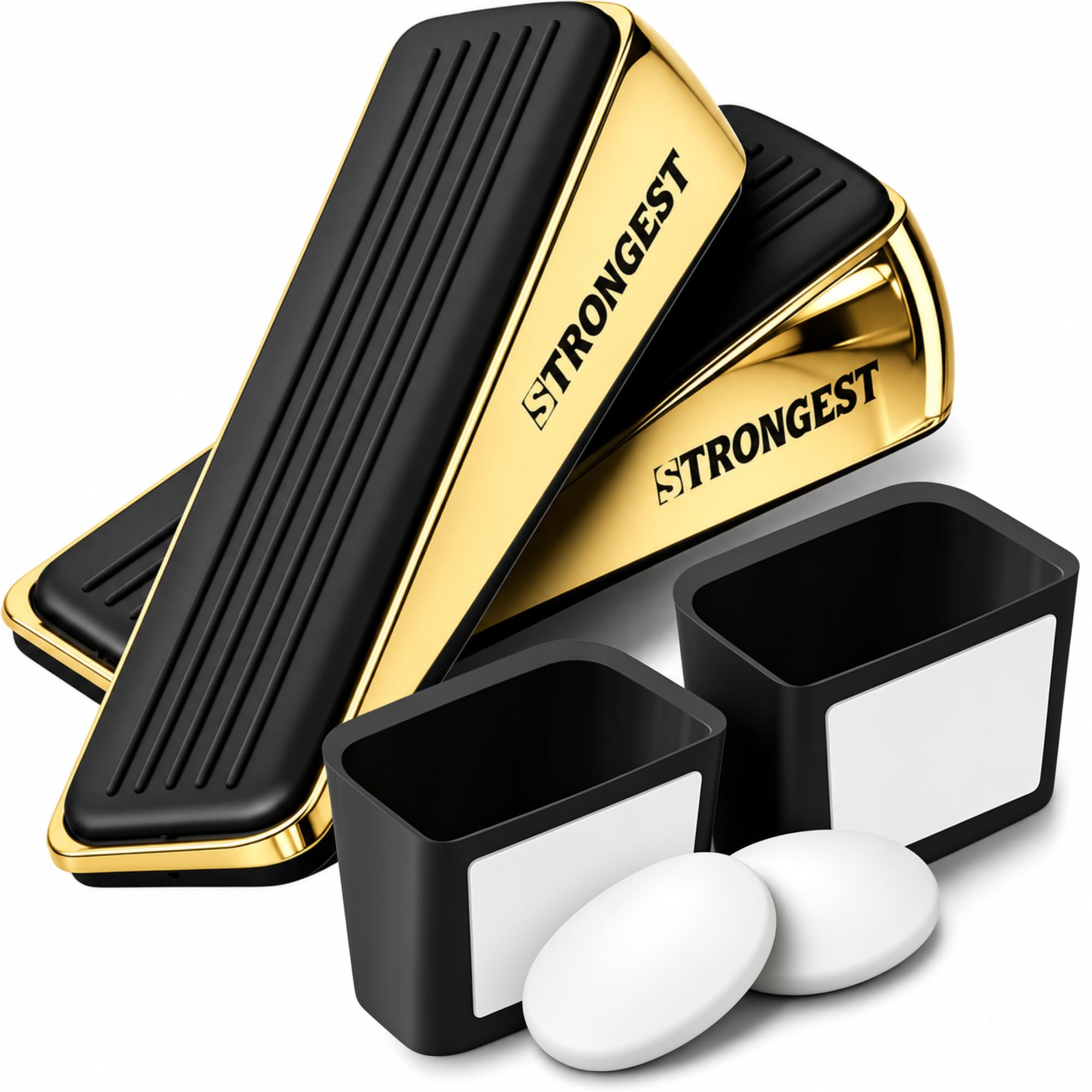 STRONGEST HOME Gold Door Stoppers for Bottom of Door – Heavy Duty Metal Rubber Stopper, Non-Slip Door Stop for Heavy Doors, Works on Wood, Tile &amp; Carpet, Wedge 2 PCs + 2 White Wall Protectors