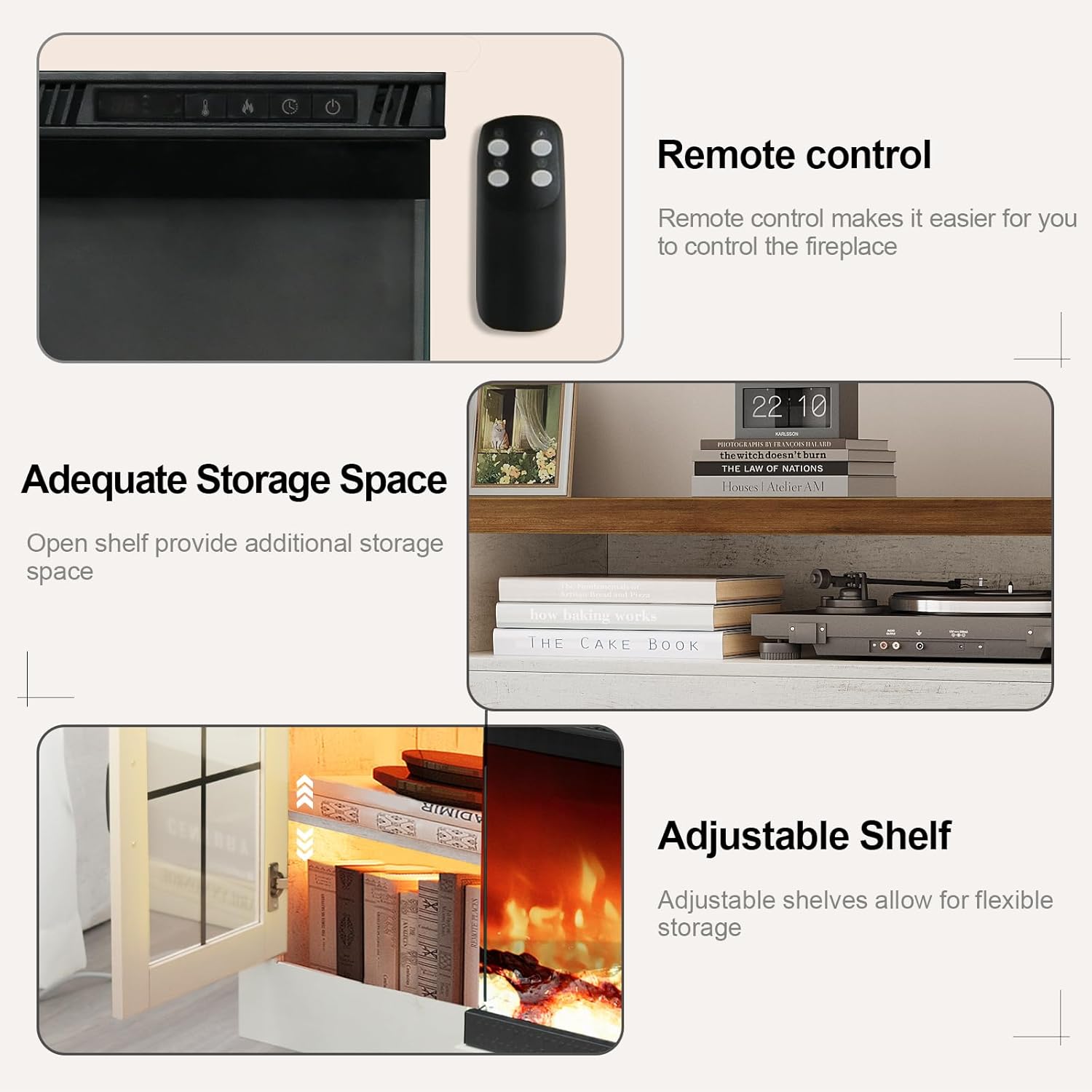 Close-up image of the fireplace control panel and the remote control, highlighting the ease of operation.
