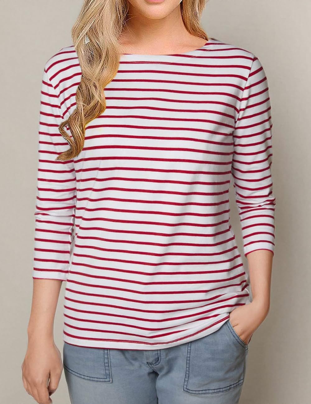 LilyCoco Womens 3/4 Length Sleeve Tops Striped Boatneck Shirt Breton French Cotton Tees