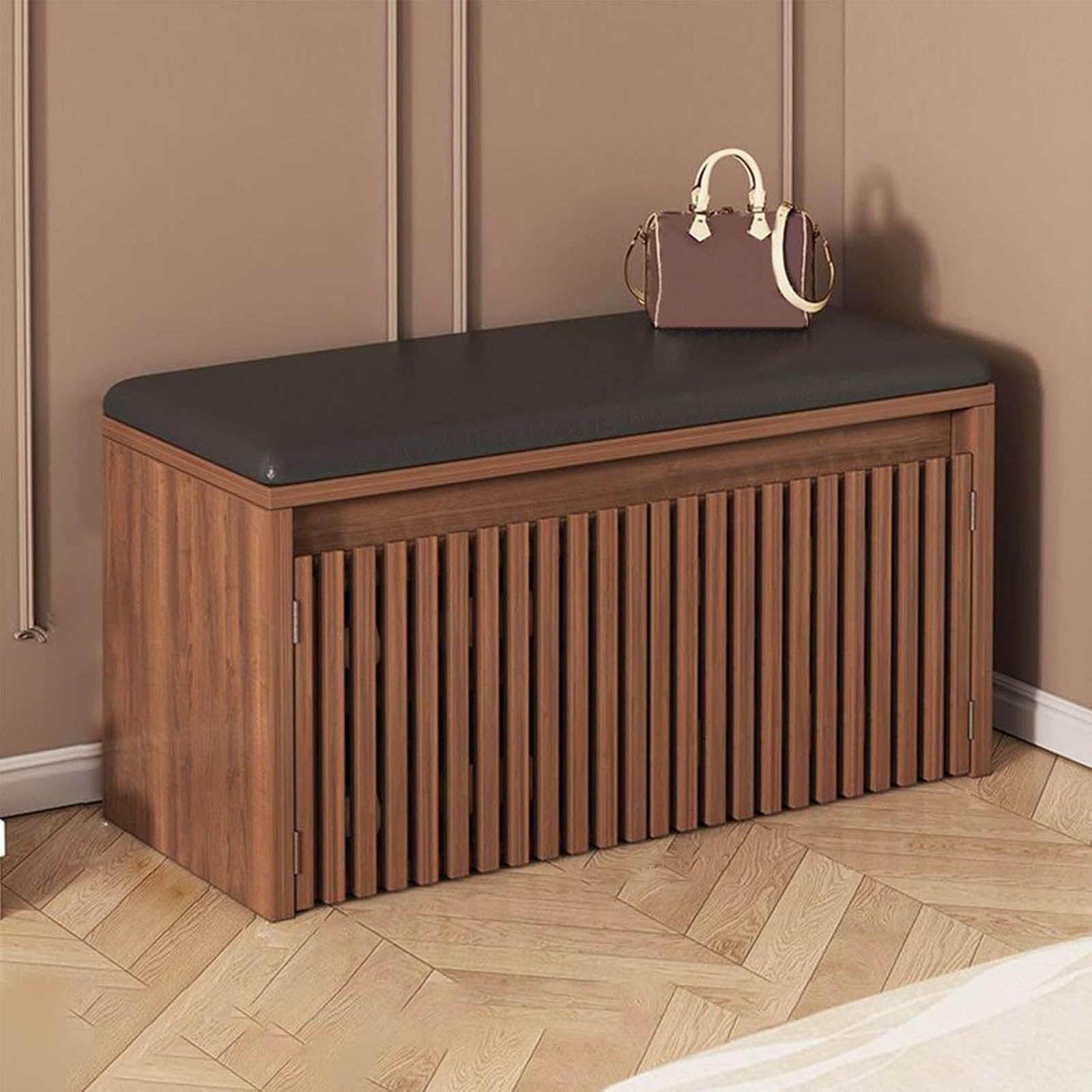 Meuble de rangement marron avec 2 portes en bois et assise rembourrée