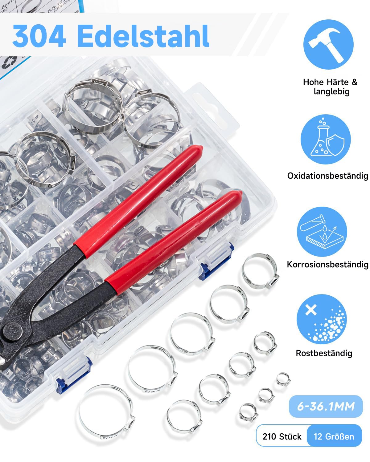 210PCS Einohrige Schlauchklemmen, 12 Größen (6-36.1mm) Schlauchschellen aus Edelstahl 304 mit Einohr-Klemmzange, für Wasserleitungen, Sanitär und Kfz-Anwendungen