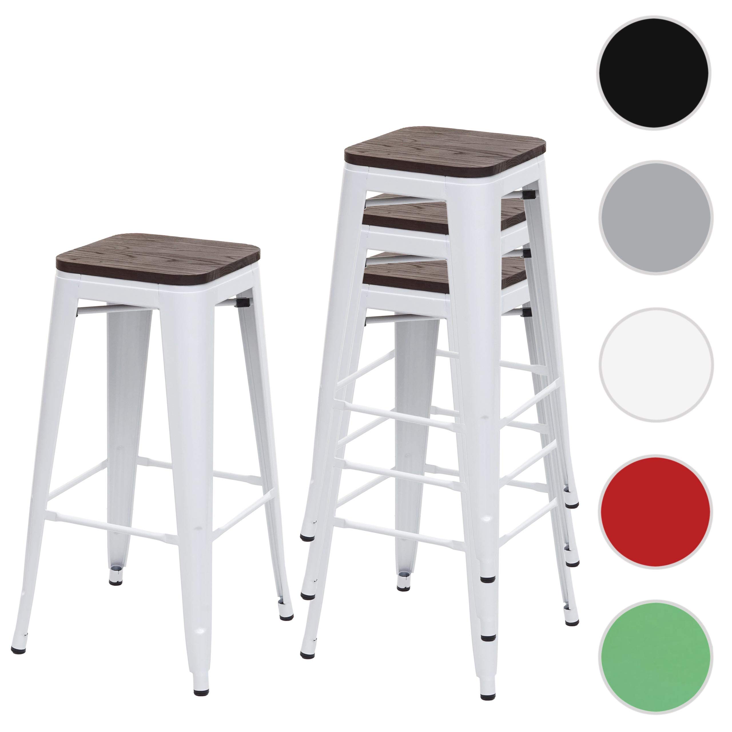 Mendler HWC-A73 - Taburete de bar (4 unidades, incluye asiento de madera, taburete, diseño industrial, apilable), color blanco