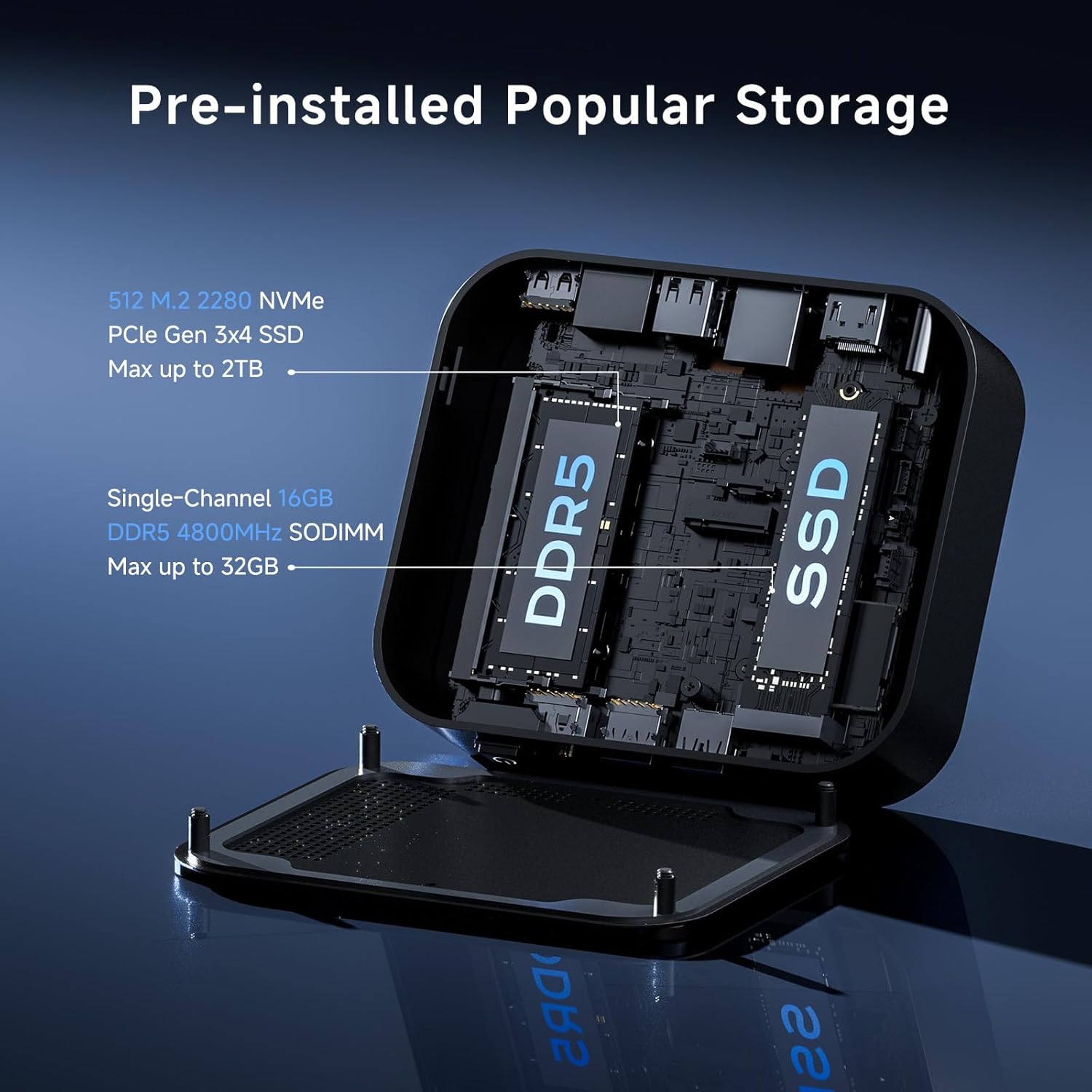 Internal view showing DDR5 RAM and NVMe SSD slots