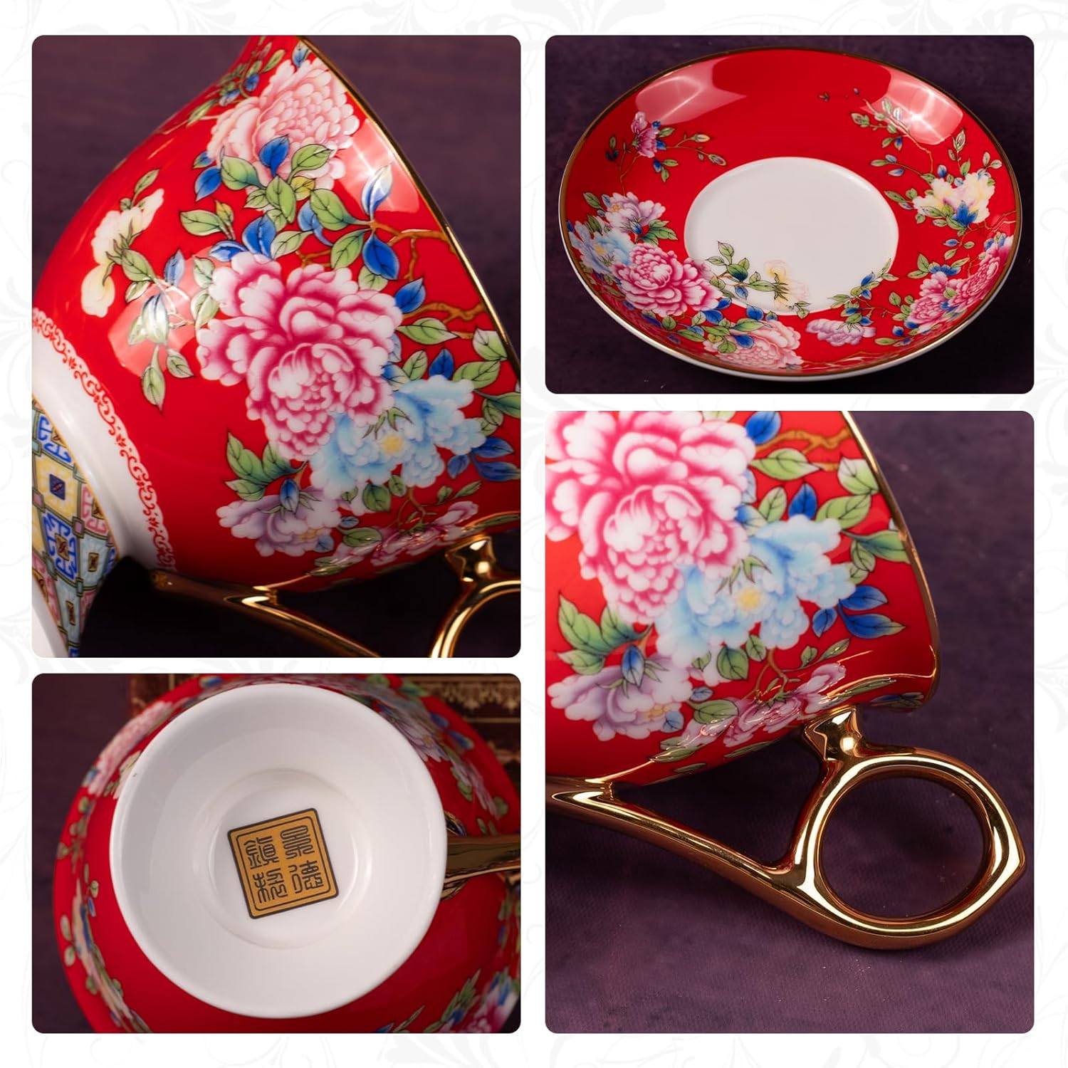 KAMMAK Tea Cups and Saucers Set of 2, Porcelain Coffee Cups, 9.8oz Stackable Espresso Mugs, Ceramic Demitasse for Coffee, Latte, Americano, Tea (635N+636N)