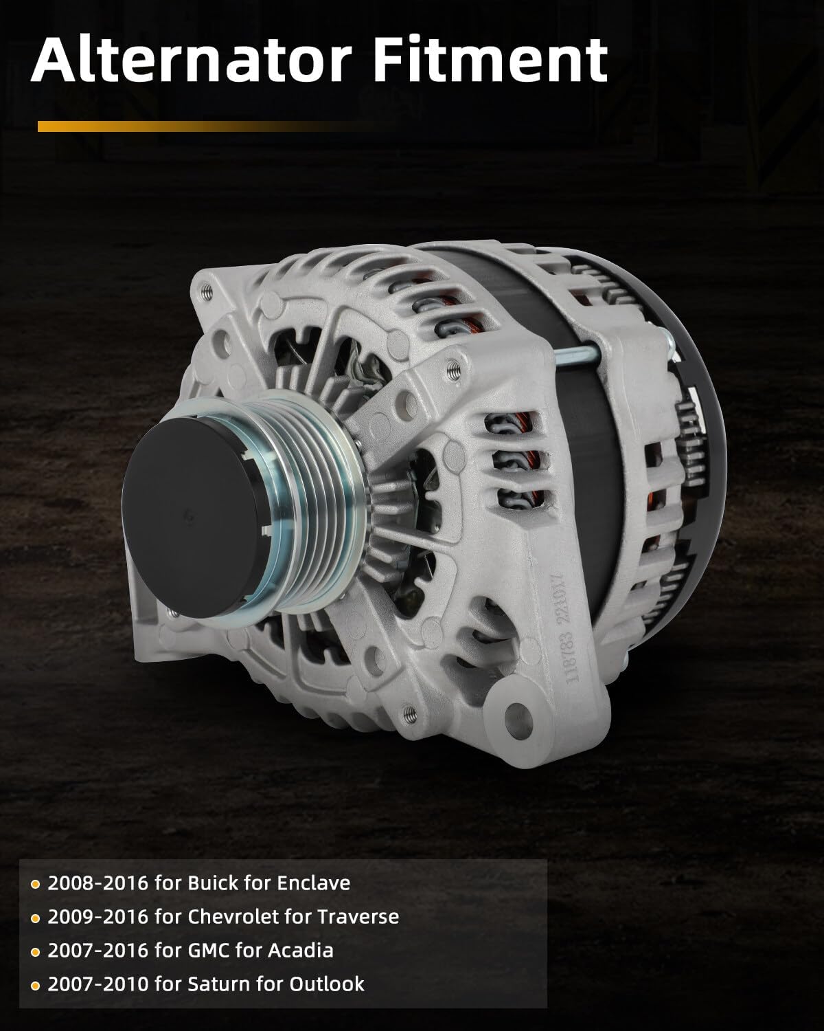 OCPTY Alternators for Chevrolet Traverse 2009-2016,for Buick Enclave 2008-2016,for GMC Acadia 07-16,for Saturn Outlook 07-10,V6 3.6L，12V 170AMP SC6 Pulley Class Replace 20838975 104210-6310 11252